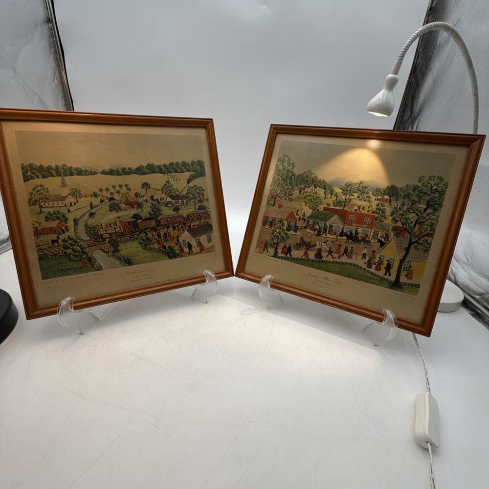 Set Of 2 Vintage E Melvin Bolstad Americana Folk Art Prints Wood Framed Art 1950